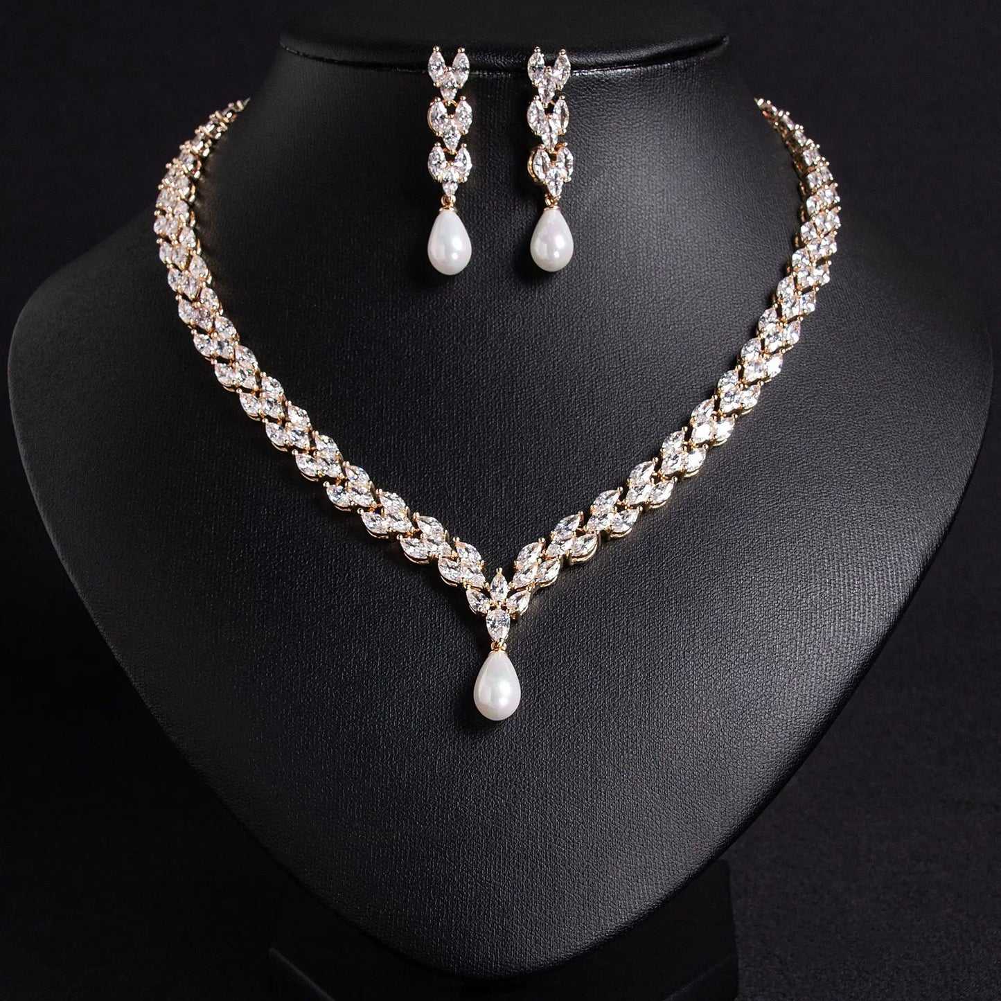Luxury Zircon Jewelry Set For Women Pearl Pendant Necklace Earring Set For Wedding Bride Prom Party Necklace Accessories Gifts