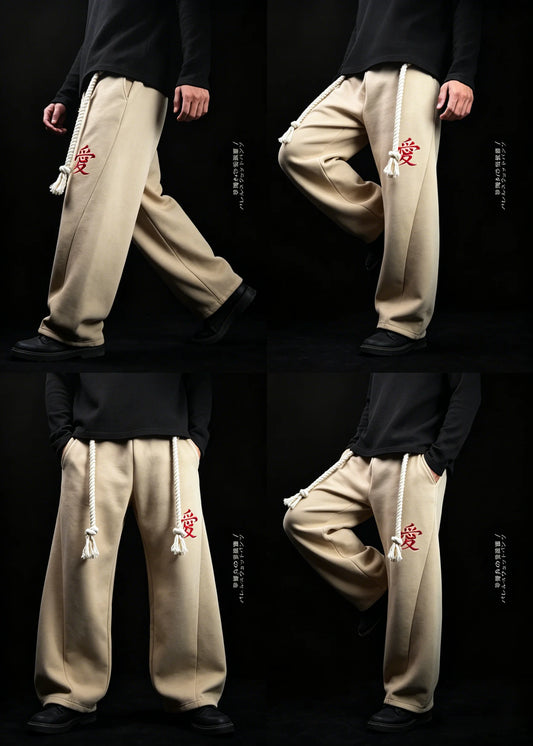 Gaara Anime Embroidery Baggy Wide Leg Sweatpants Removable Thick Drawstring Streetwear Casual Relaxed Fit Trousers for Men Women