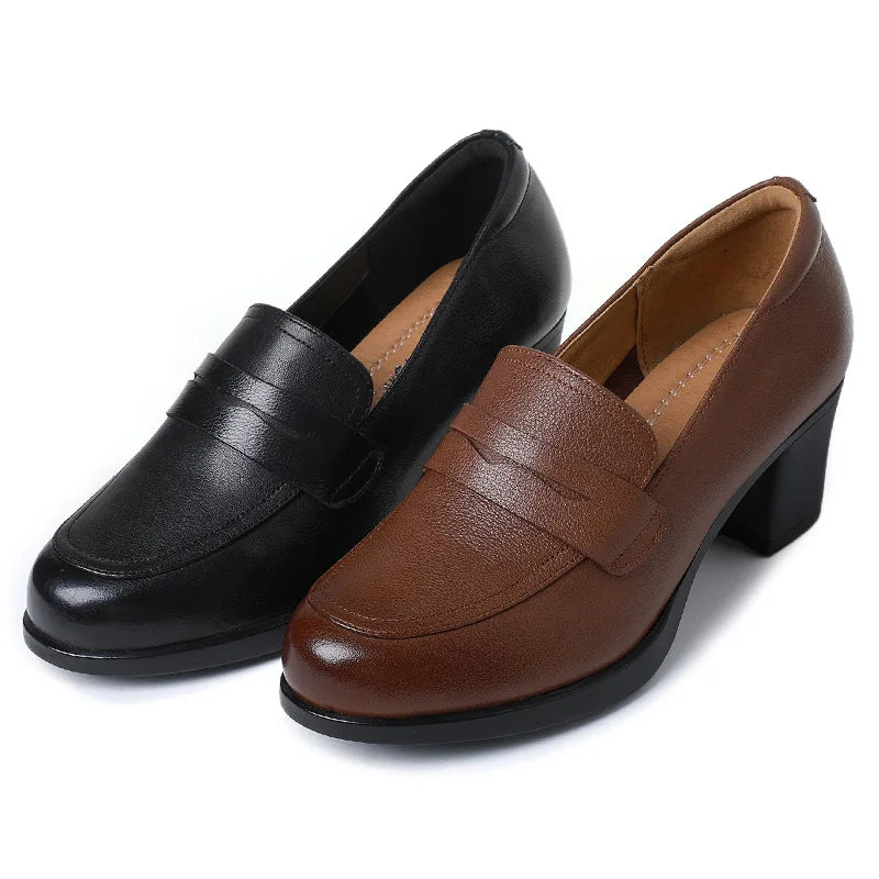 GKTINOO Pumps Women Genuine Cow Leather Round Toe Slip-On Loafers Med Heel Lady Shoes Handmade Women's Work Shoes