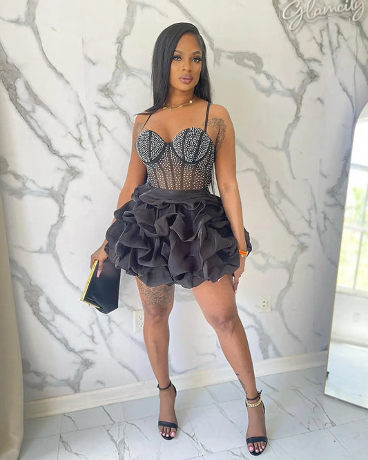 HBLL Sexy Rhinestone Bodycon Ruched Puff Suspenders Dresses Women Sheer Mesh Birthday Party Night Clubwear Summer Dresses Robes