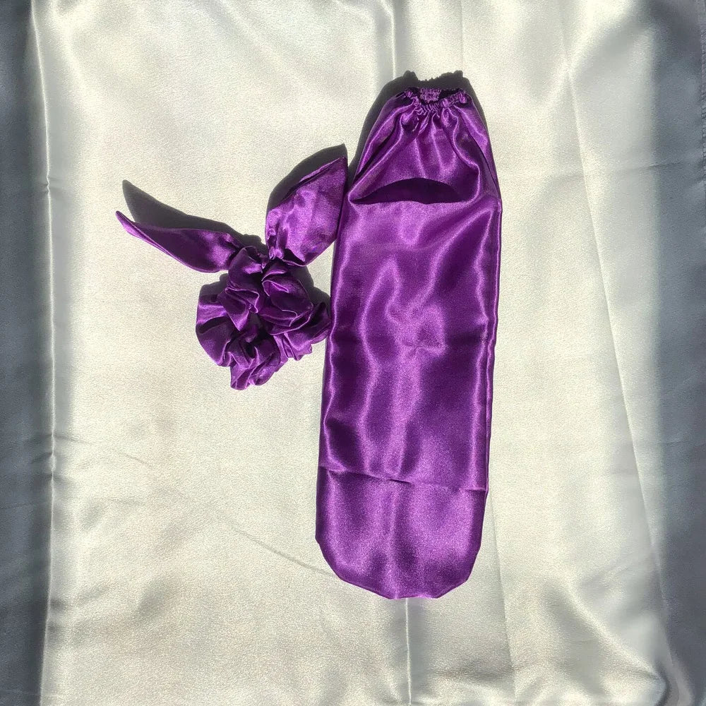 1 Silk Scrunchie+1 Hair Cover Satin, Sleep Cap for Women & Men - Reversible Breathable Hair Protector with Bow Design, Soft Long