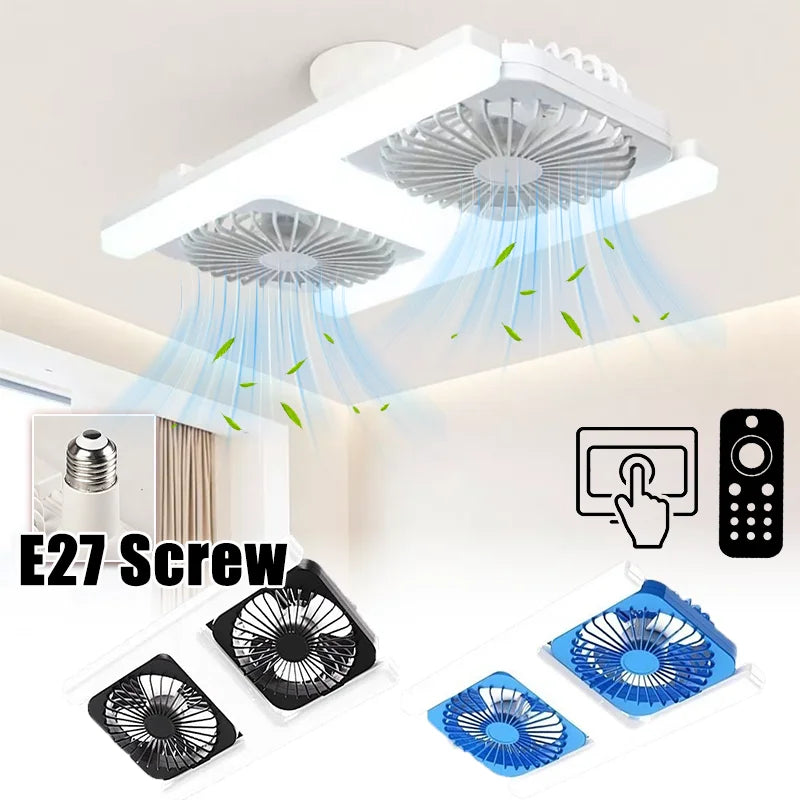 E27 LED Fan Light with Remote Dimming Speed Control Dual Head Silent Fan for Kitchen Bathroom Air Circulation Ceiling Lamp Bulb