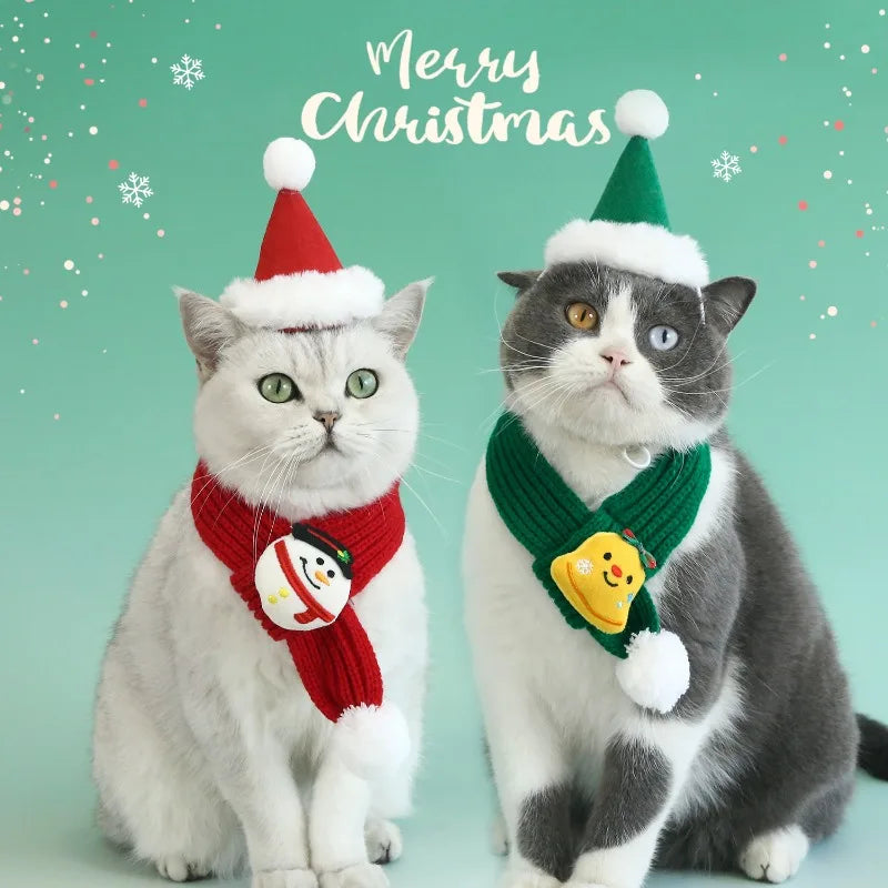 Christmas Cat Dog Scarf Hat Pet Wool Scarf Snowflake Ball Knitted Red and Green Bell Snowman Tree Cat Accessories
