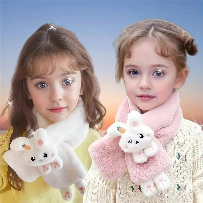 Boys Girls Winter Scarfs Thick Plush Cross Children's Scarf Baby Bib Cute Cartoon Rabbit Faux Fur Neck Protection Warm Shawl