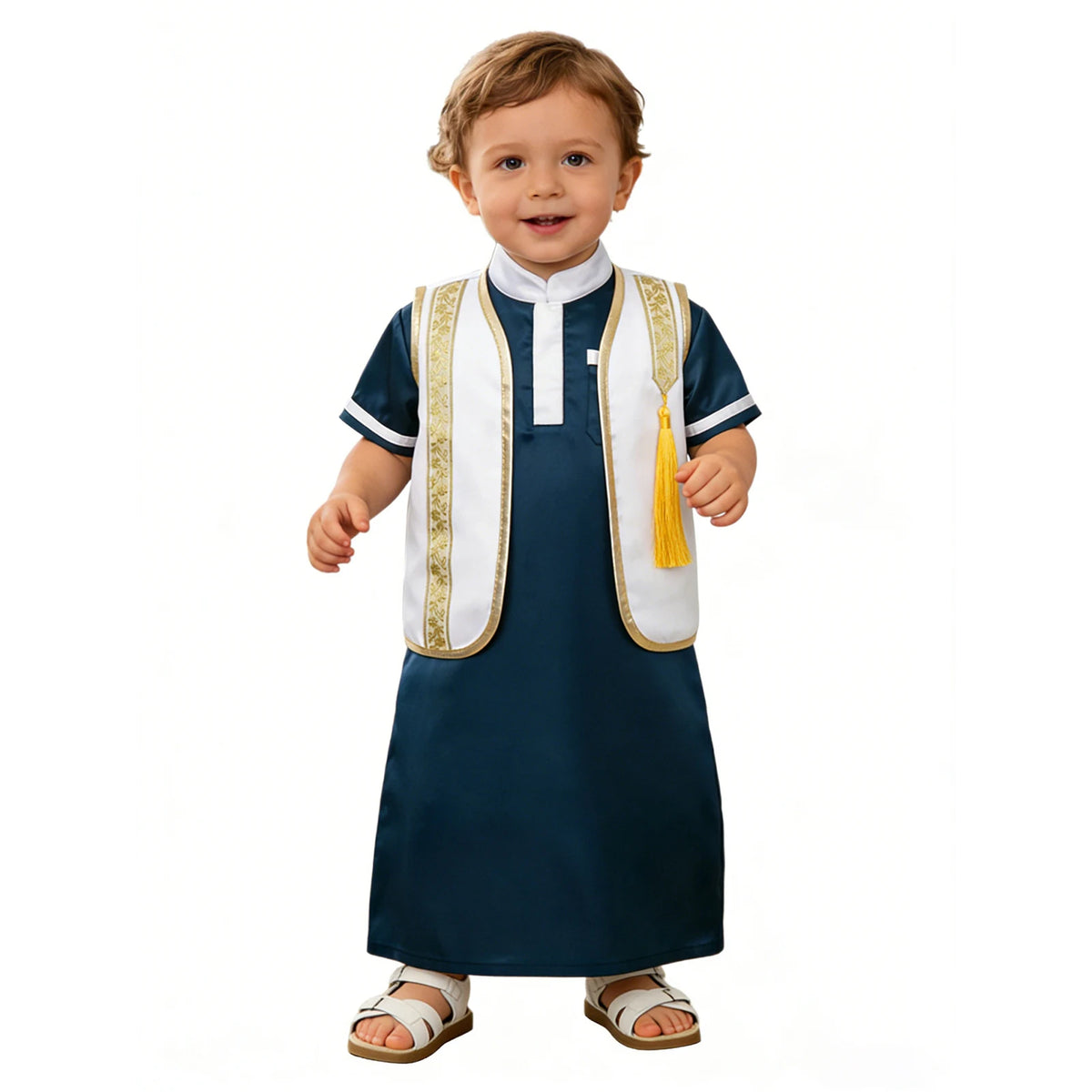 Muslim Baby Boys Robe Ramadan Eid Abaya Set Metallic Trim Arabic Islamic Kaftan Thobe Satin Gown with Open Front Tassel Vest