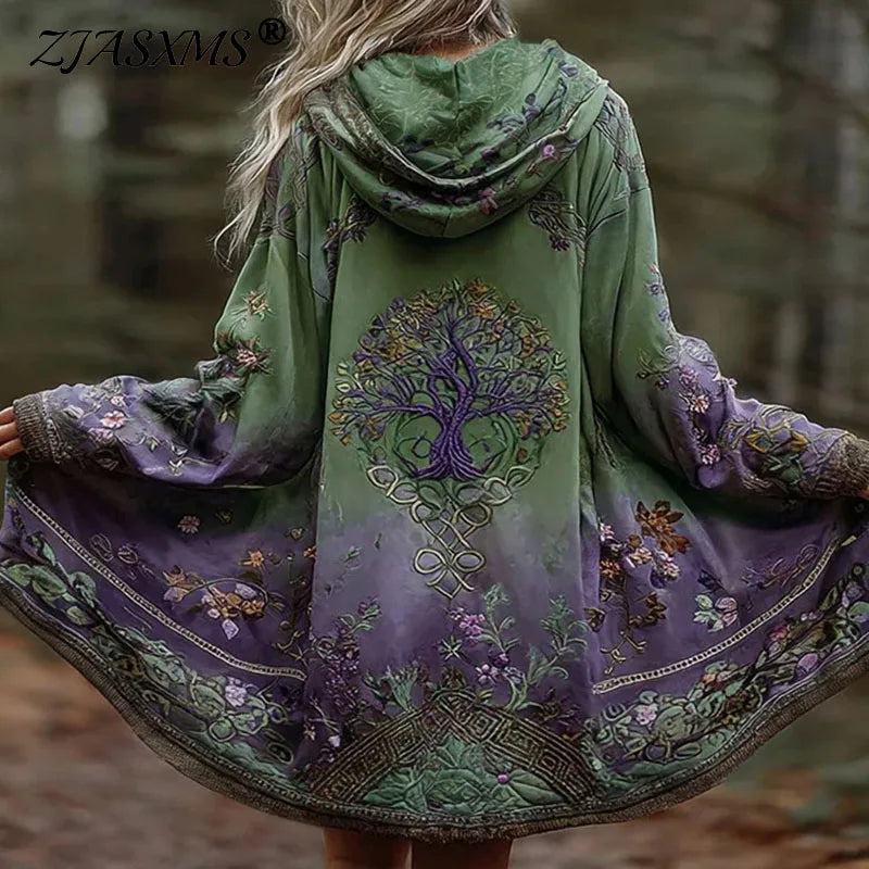 Halloween Costume Woman Pattern Print Retro Trench Coat New Fashion Loose Long Hooded Cardigan Autumn Long Sleeve Hoodies Jacket