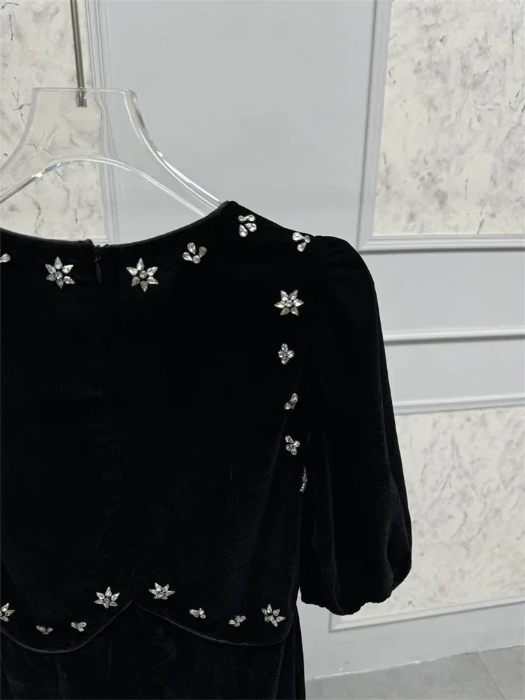 Handmade Nail Beaded Women Velvet Midi Dress Puff Sleeve Slim Waist Female Elegant Evening Dresss Spring Summer
