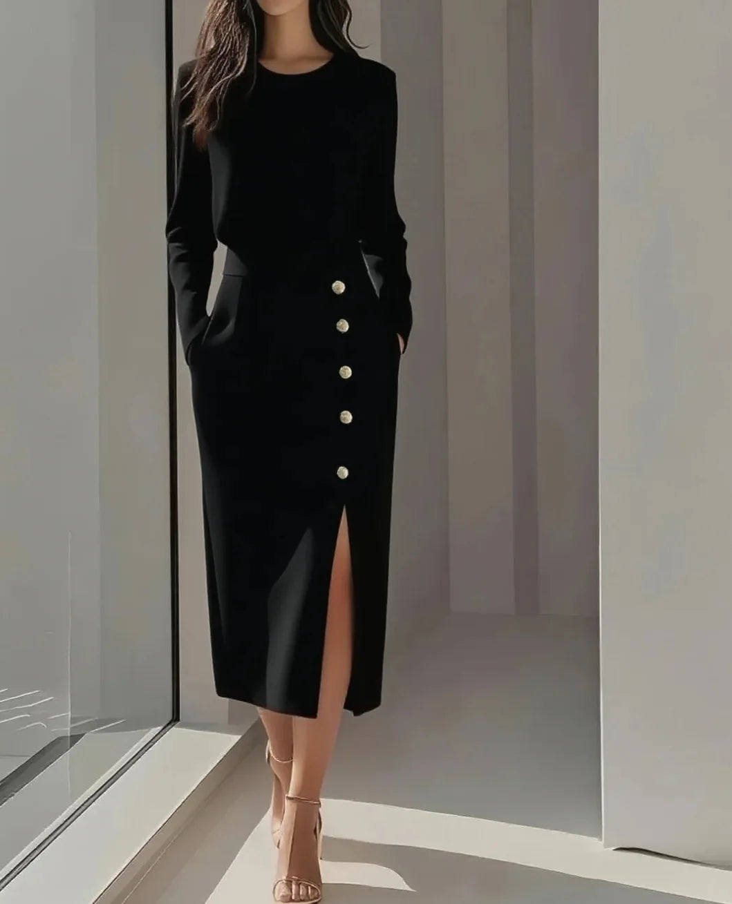 Spring Autumn Fashion O-neck Split Women Dress Elegant Button Solid Evening Dresses New Casual Sleeveless Slim Office Lady Dress