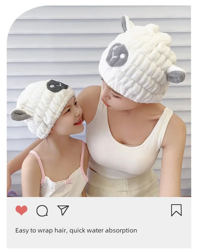 Coral Fleece Cartoon Kids Hair Drying Hat Animal Embroidered Shower Cap Absorbent Quick Dry Tape Cute Bathroom Accessory Soft