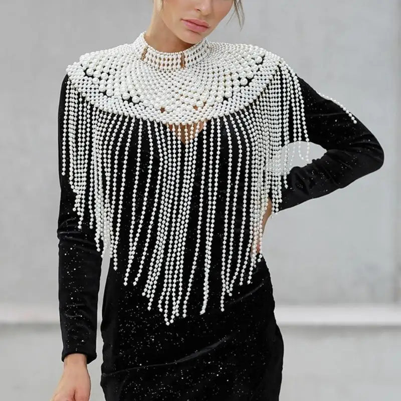 P9FE Fringed Pearls Shawl Wrap for Female Shoulder Chain Necklace Elegant Bride Shawl Formal Dress Shoulder Wrap Body Chain