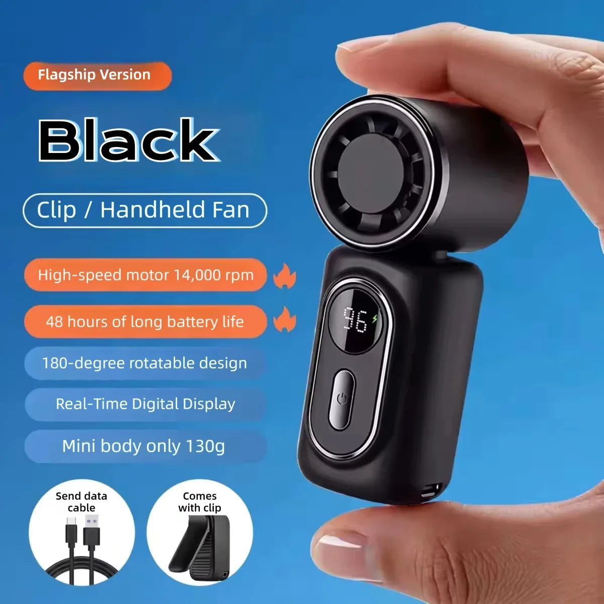 Lady's Mini Fan Handheld Small Portable Fan Cooling Turbo 5 Speeds 3000mAh LED Display 180° Rotatable Clip Rechargeable Fans