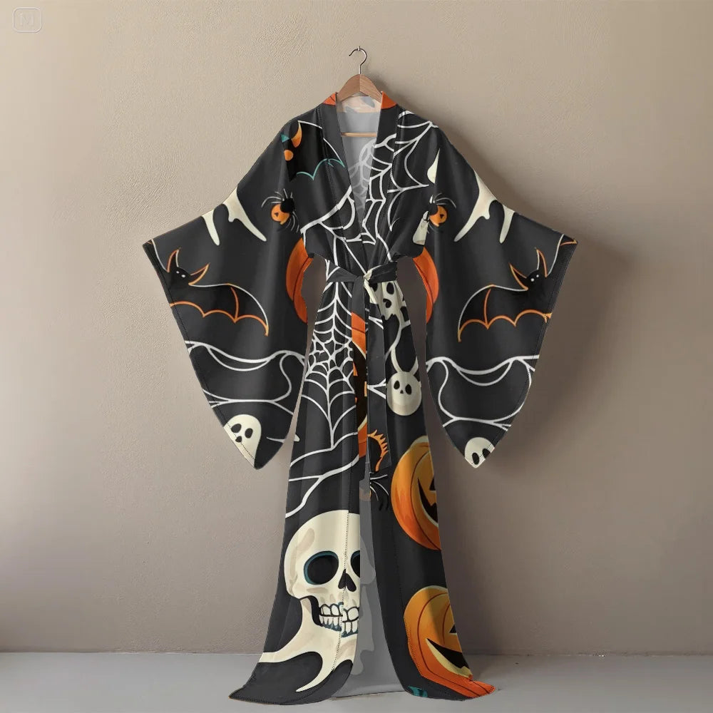 Halloween Cosplay Women's Sexy V-Neck Robe with Abstract Ghost Print - Long Sleeve Party Costume Unique Vampire Witch Long Robe