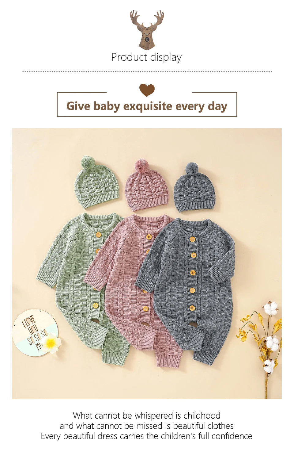 Winter Baby Rompers Clothes Solid Long Sleeve Knitted Newborn Boys Girls Jumpsuits Hats Outfits Sets 0-18m Autumn Infant Costume