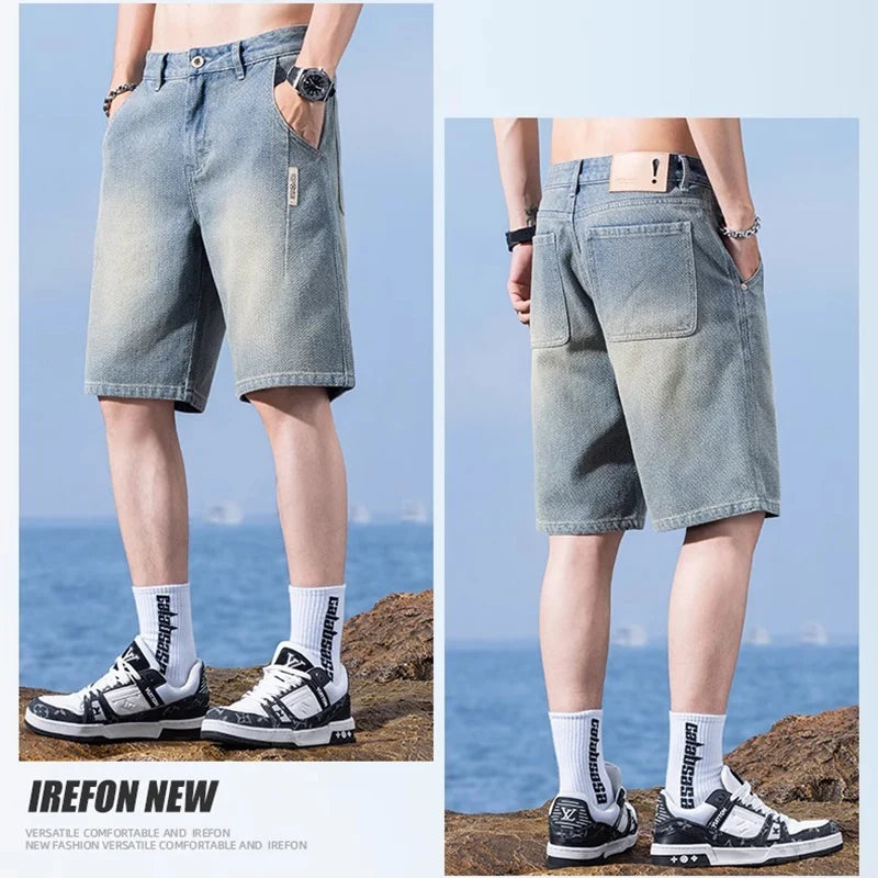 Men Trend Starry Sky Pattern Jeans Male Summer American Vintage Lightweight Breathable Denim shorts Loose Straight Casual Shorts