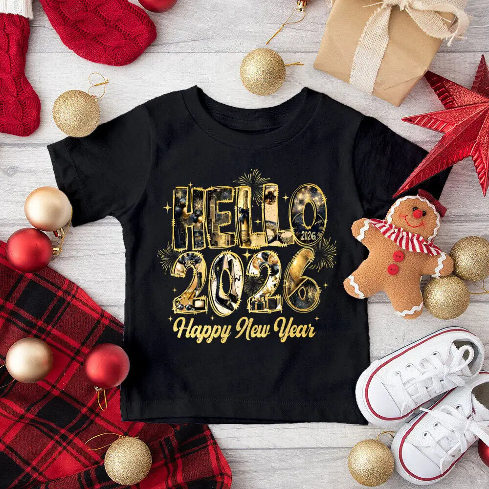 Hello 2026 Happy New Year Family Matching Outfits Dad Mom Kids Shirt Baby Bodysuit Family Clothes New Year Party