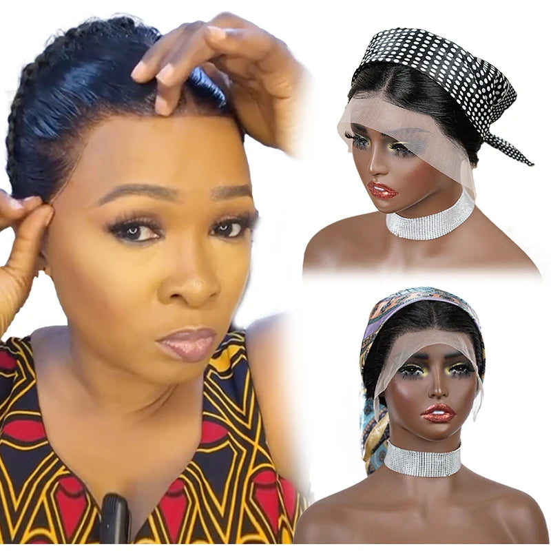 10 Inches 13x4 Inch Lace Front Plait Wig Black Gele Frontal Wig 100% Human Hair with Baby Hair Wig for Women