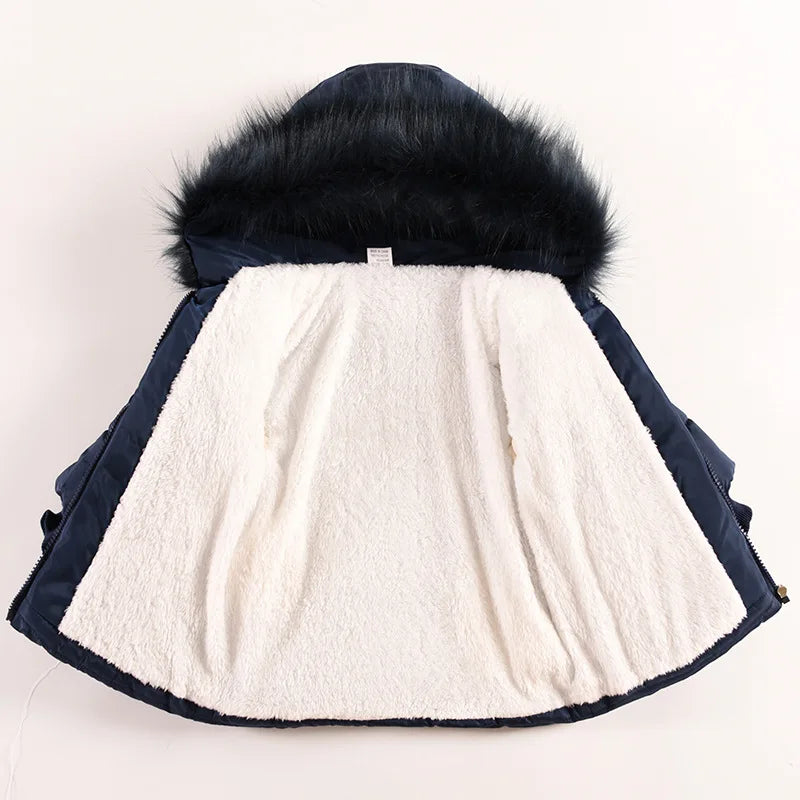 1-5 Years Flowers Autumn Winter Girls Jacket Fur Collar Keep Warm Little Princess Coat Hooded Zipper Baby Outerwear Kids Clothes