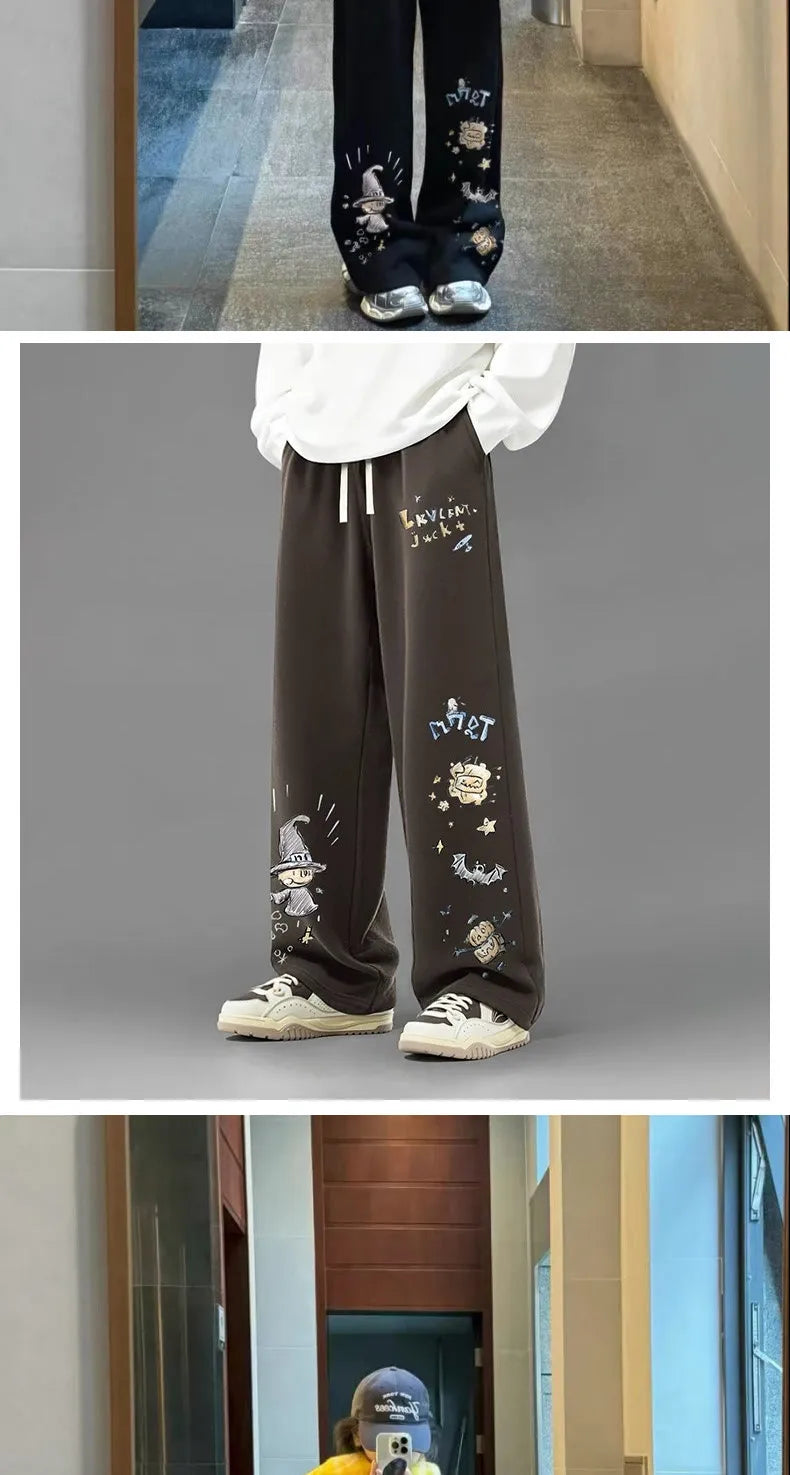 American Retro Graffiti Print Casual Pants for Men, Spring and Autumn Trendy Brand Loose Plus-size Straight Wide-leg Long Pants
