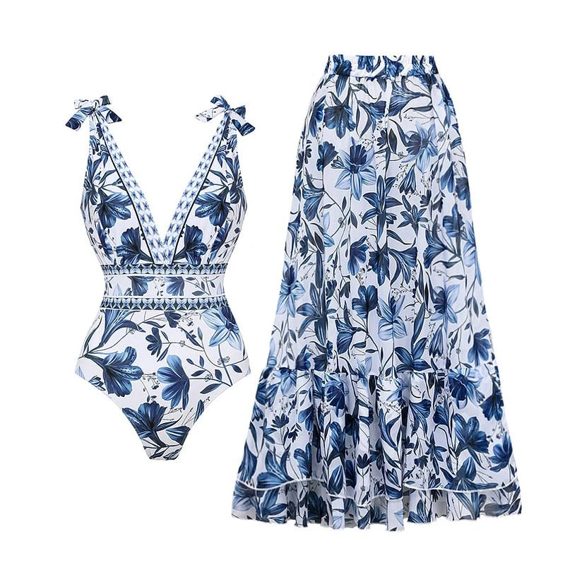 Flaxmaker Summer New Women Sexy Hawaiian Lace Up V Neck Ruffle Swimsuit and Sarong Women Swimwear Set Push Up Bathing Suit