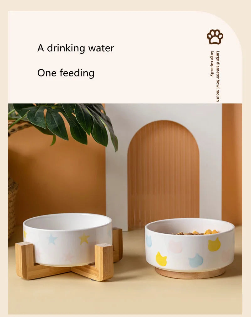 Ceramics Dog Bowl with Wood Mat Wide Mouth Feeding Bowls Food and Water Pet Feeder for Cat Puppy Protecting Cervical Spine