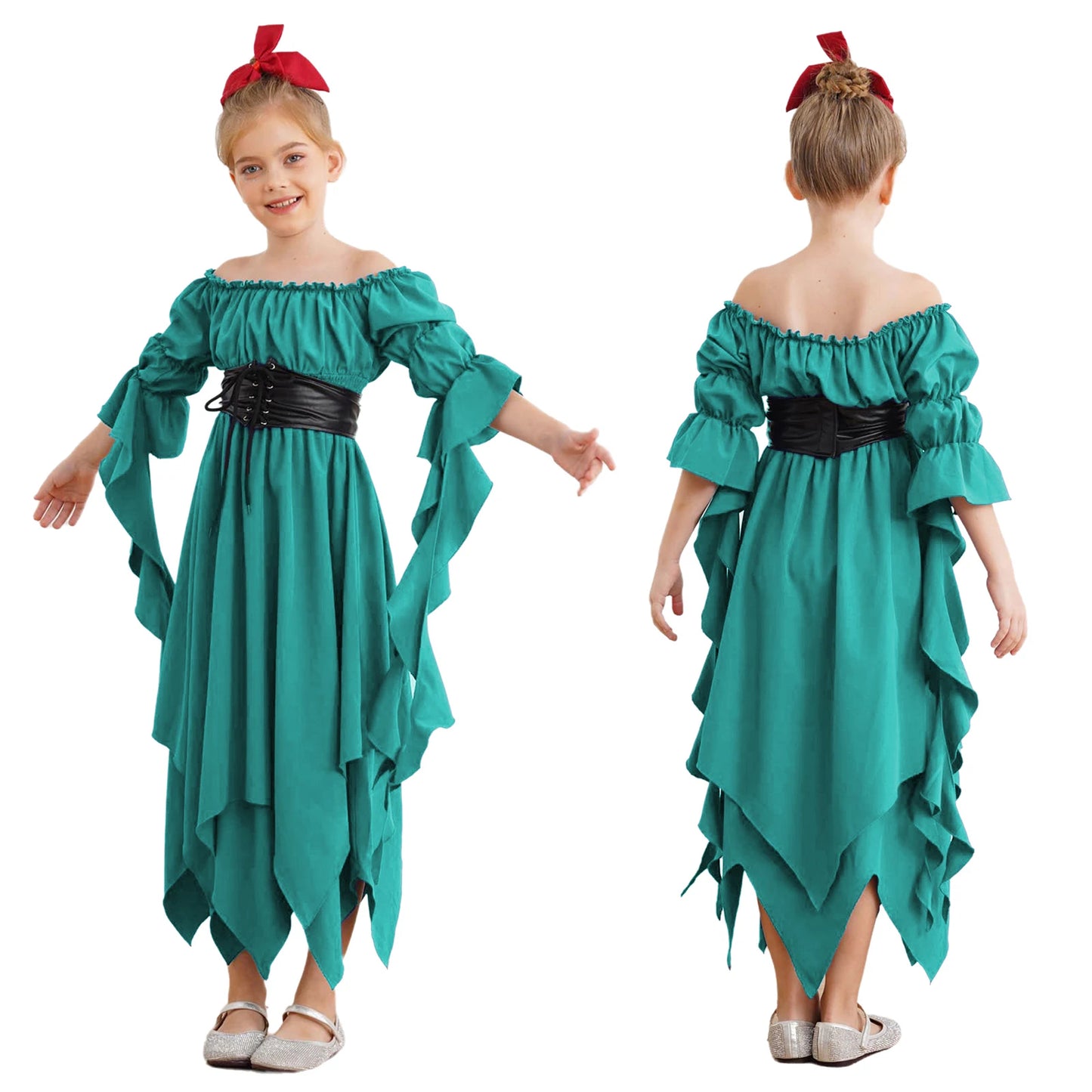 Girls Halloween Medieval Renaissance Witch Vampire Cosplay Costume Victorian Gothic Dress Off Shoulder Smocked Irregular Gown