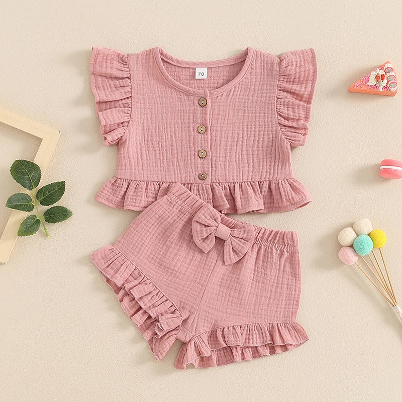 Pudcoco Little Girl 2 Piece Summer Set, Fly Sleeve Button Down Ruffled Tops Bow Elastic Waist Shorts Baby Toddler Set 6M-4T
