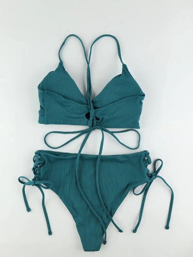 Cikini-V-Neck Split Bikini Set for Women, Sexy Swimsuit, Lace Up, Triangular Bikinis, Solid Color, Beach Swimwear, Bathing Suit