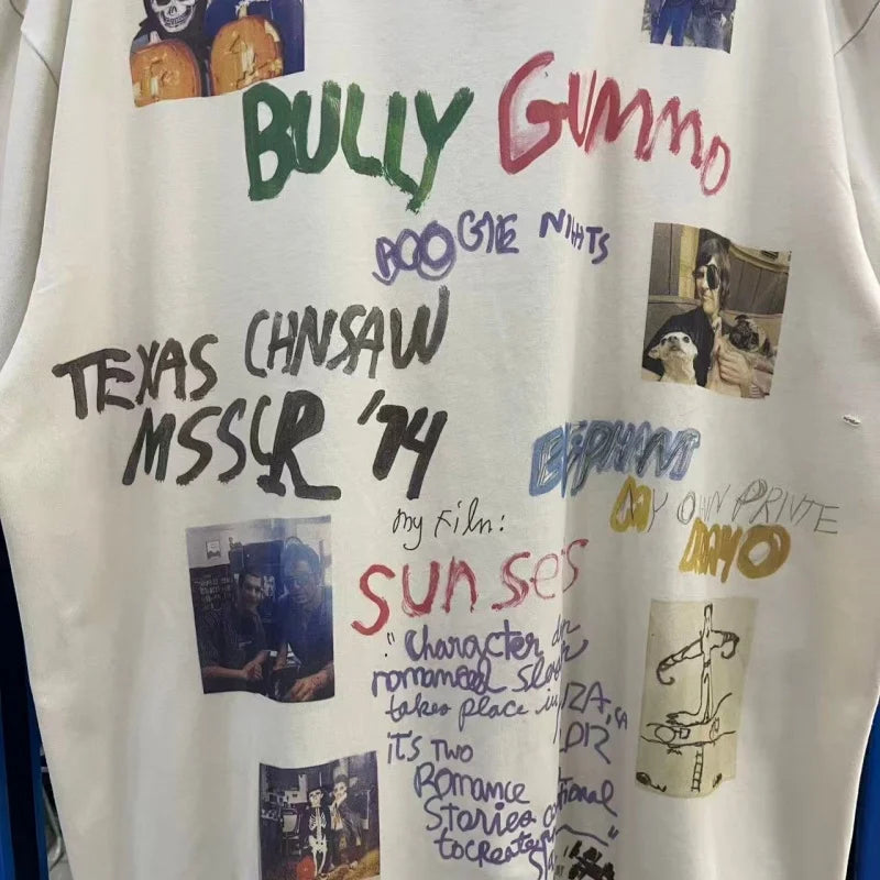 Men's Vintage Movie Print T-Shirt Paly Washed Graffiti Streetwear Loose Fit Cotton Tee