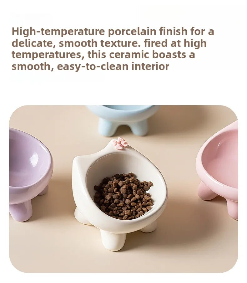 Ceramic Heightening Bowl Set | Cute Macaron Color Series，Slanted Spill-Proof，Cat Slow Feeder Bowl，InsEasy to Clean，Multi-Color O