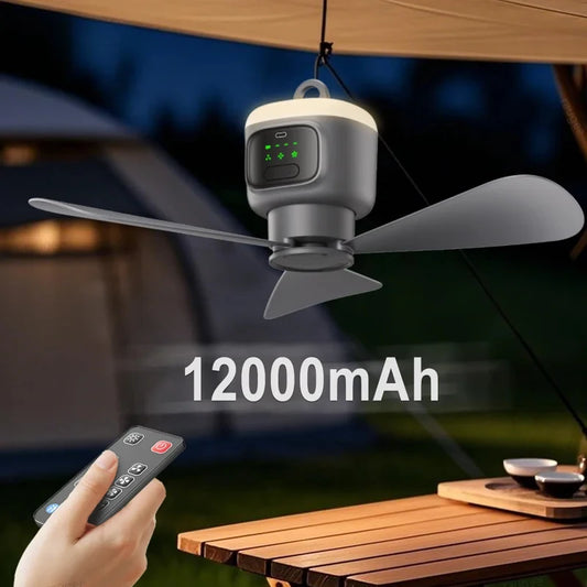 12000mAh Portable Ceiling Fans Outdoor Camping Fan Tent Air Circulator Cooler Rechargeable Electric Fan Remote Control LED Light