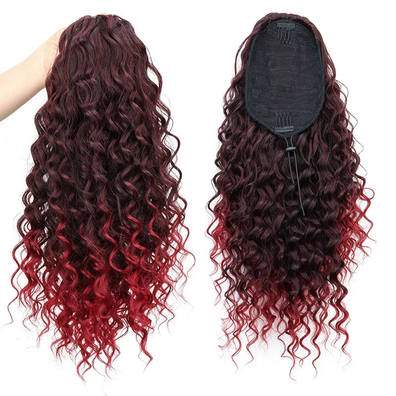 Synthetic 18Inch Long Kinky Curly Ponytail Drawstring Clip in Hair Extension Puff Afro Black Brown Hairpiece for Women