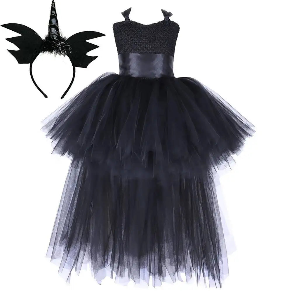 Dark Witch Halloween Costumes for Girls Black Devil Angel Fancy Trailing Dress with Feather Wings Bat Horns Kids High Low Outfit