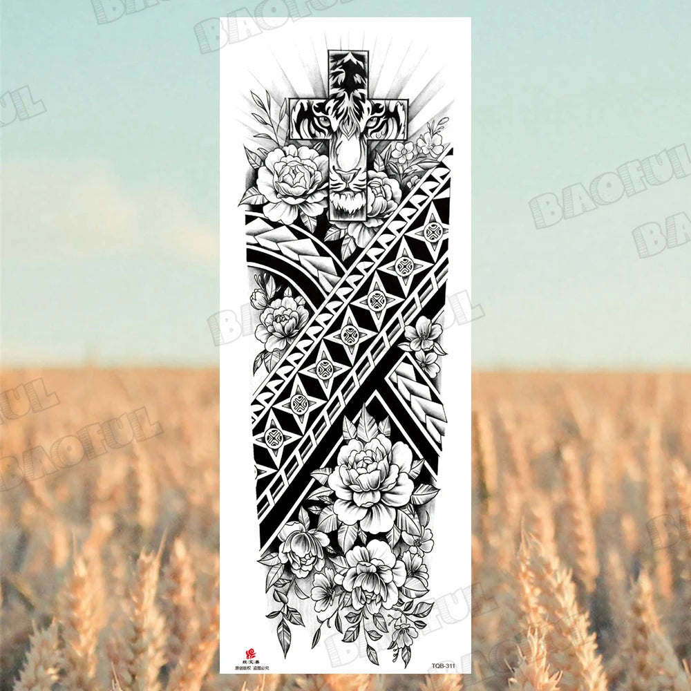 BAOFUL Full Arm Sleeve Temporary Tattoos For Women Men Realistic Wolf Lion Warrior Maori Fake Tattoo Stickers Thigh Leg Tatoos