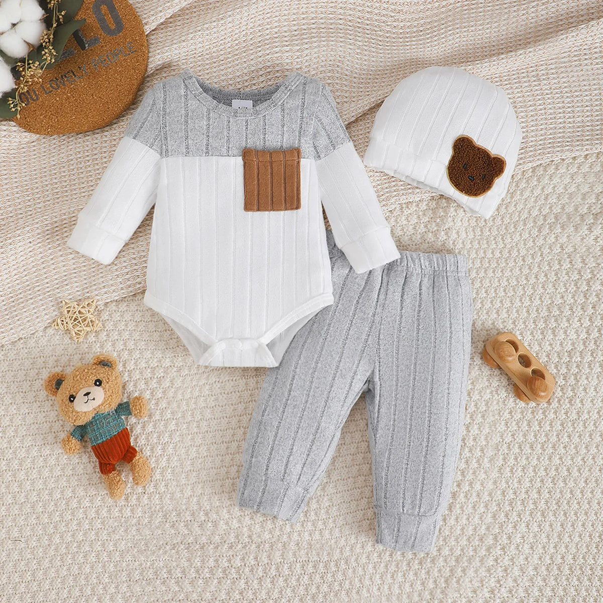 0-18 Month Newborn Baby boy Set Round neck Color Blocked Bodysuit+Pants+Hat Comfortable 3Pcs/set for baby boy spring  autumn Set