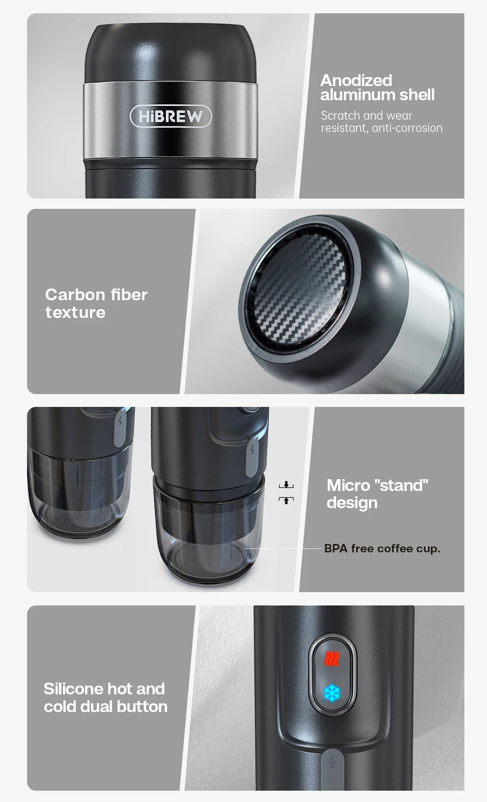 HiBREW Portable Coffee Machine Expresso Coffee Maker Fit Nexpresso Capsule Coffee Powder for Car Camping & Home Heat Water H4A