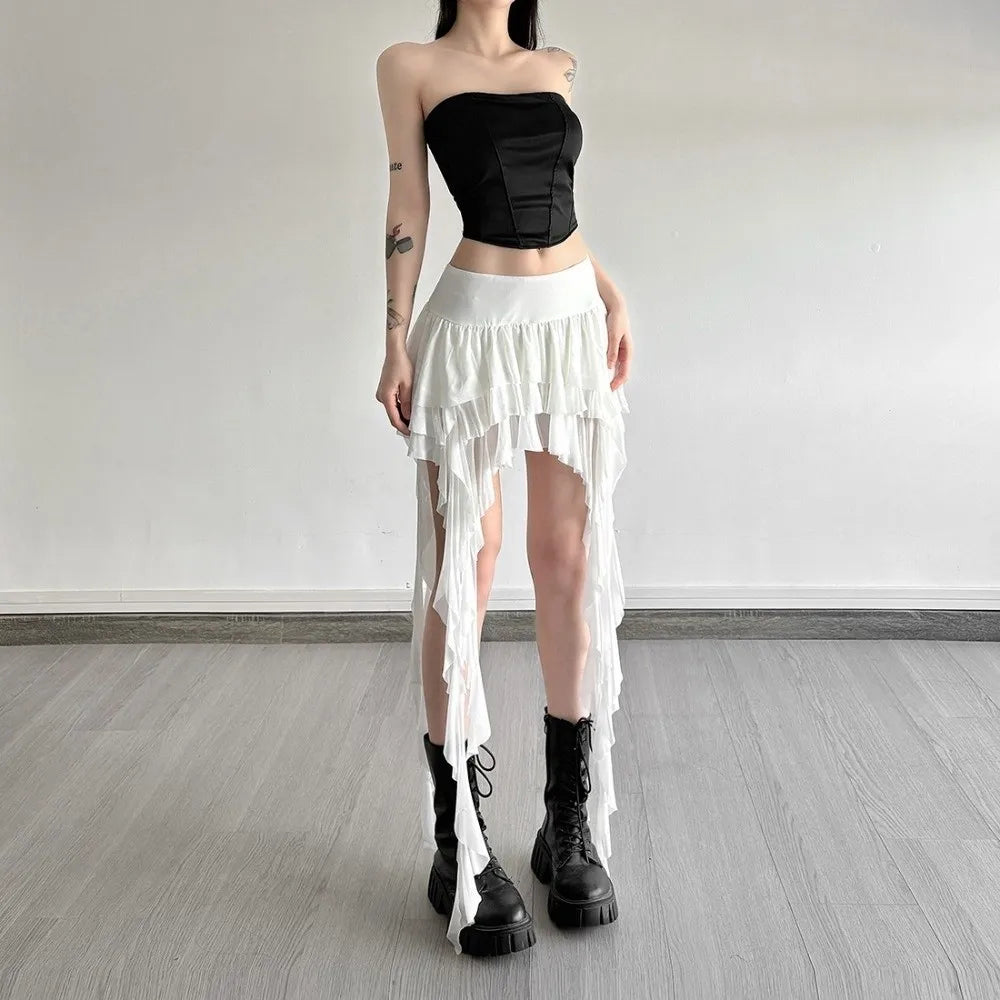 Casual High Waist Women's Tiered Skorts Layered Asymmetrical Hem Mini Skirt Ruffled Flowy Goth Skirt Summer Wear