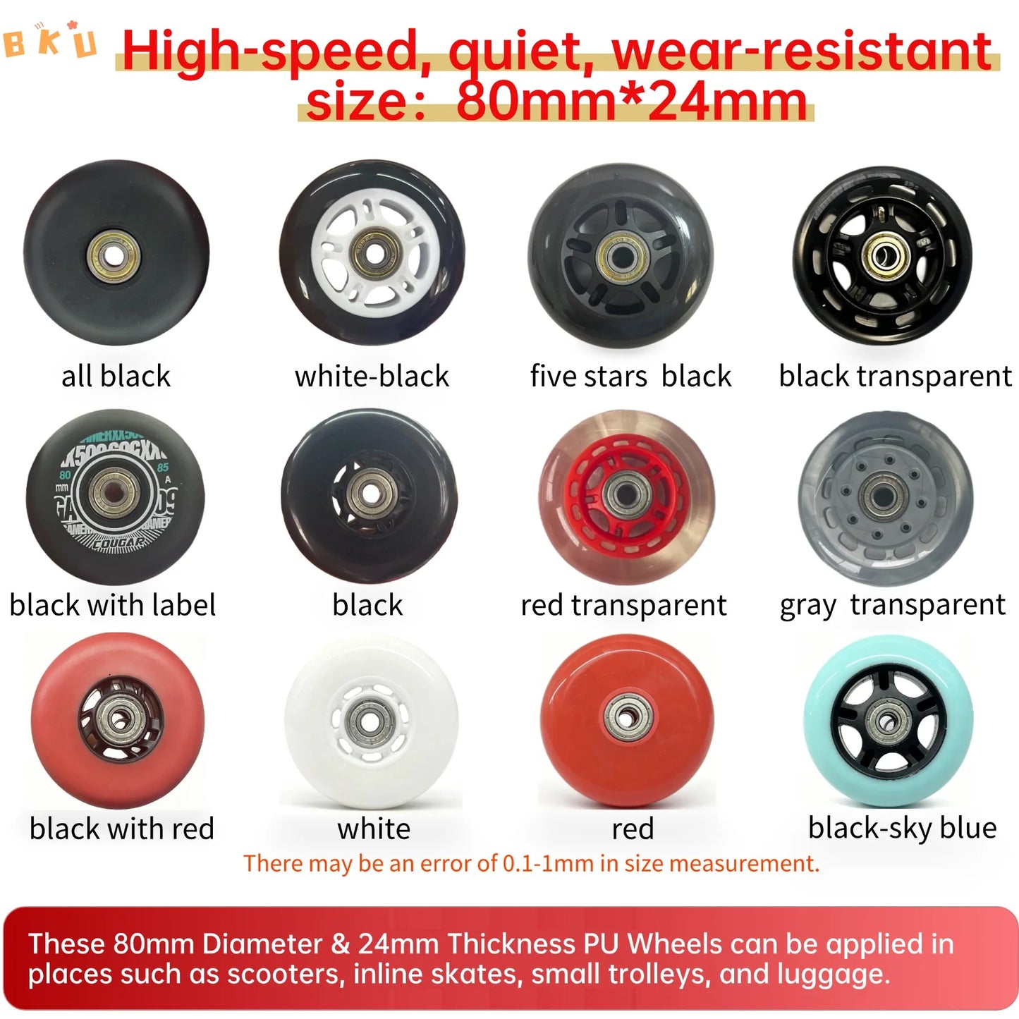 BKU 80mm PU Durable Replacement Wheels (8PCS) - Compatible with Inline Skates Scooters Strollers Suitcases