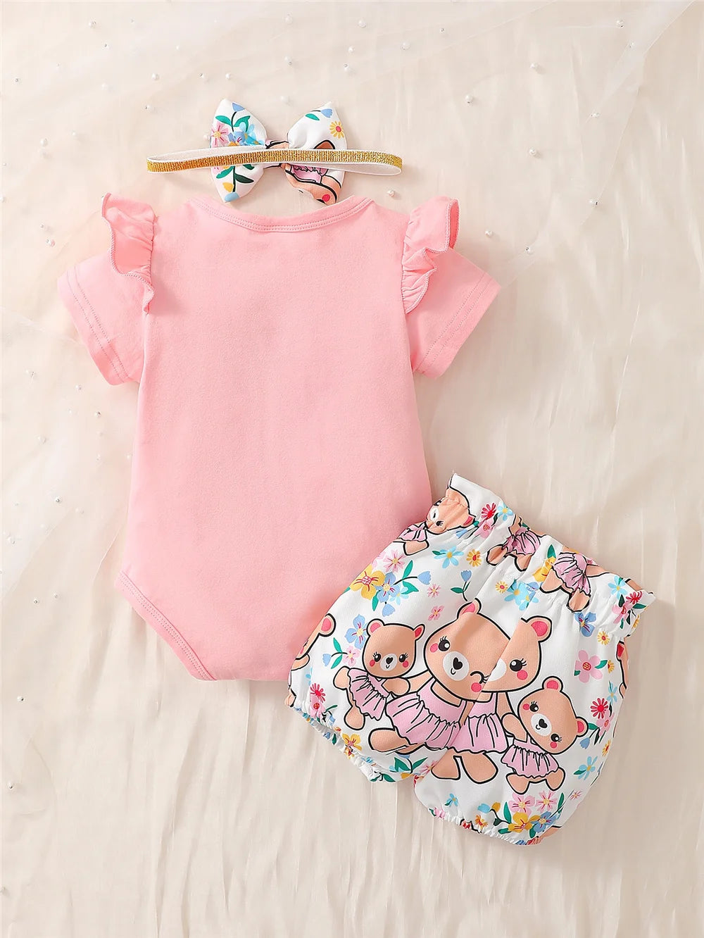 0-2Years Newborn Baby Girl Daily Clothes Set Cartoon Bear Short Sleeve Romper + Shorts with Headband Summer Lovely 3PCS Outfit
