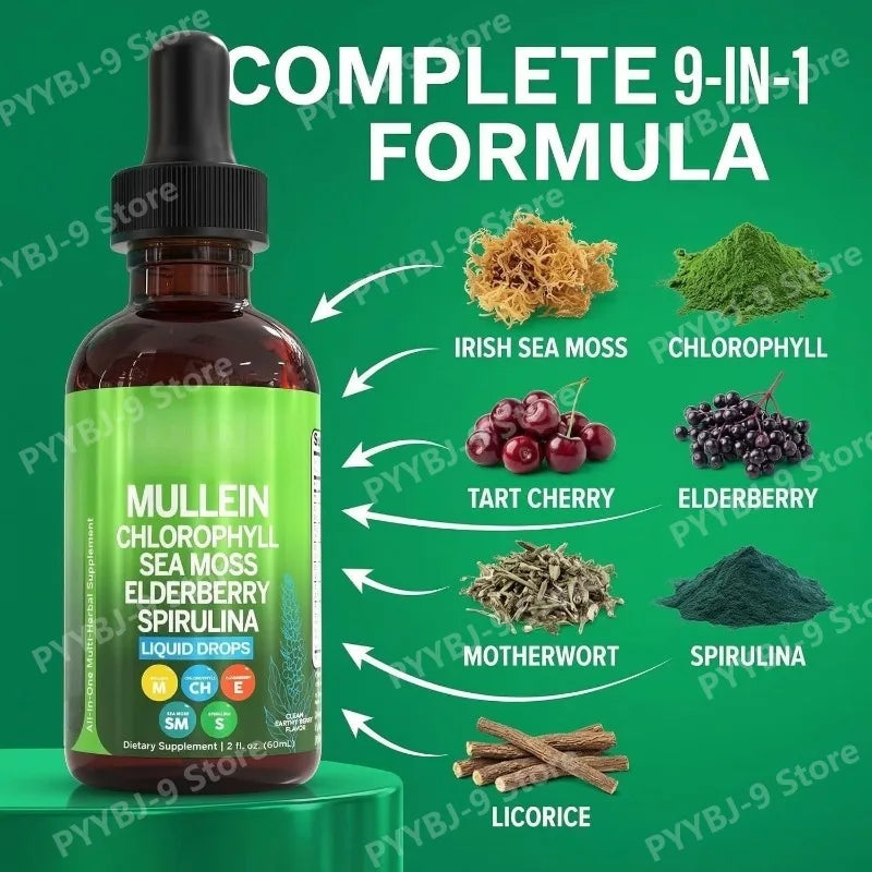 Mullein Drops Liquid Chlorophyll Elderberry Sea Moss Spirulina Chlorella Marigold Lung Cleanse Tincture Men Women 2 Fl Oz
