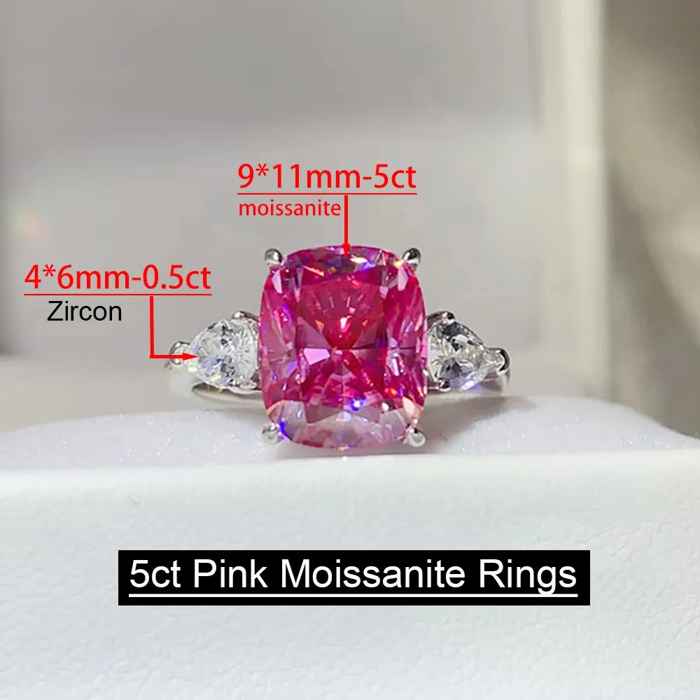 Serenity 5ct Pink Cushion Cut Moissanite Rings for Women Men 100% S925 Sterling Silver Band Jewelry Pillow-shaped Eternity Rings