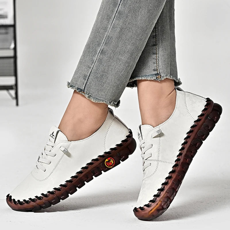 Print Fashion Sneakers Women Hand-stitching Leather Casual Shoes Design Platform Loafers Breathable Flats Shoe Driving Plus Size
