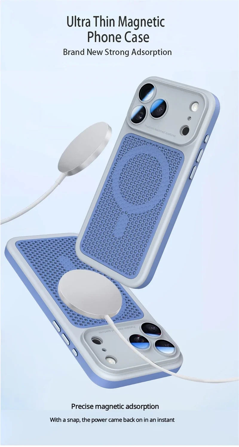 Heat Dissipation Mesh Magnetic Case for iPhone 17 15 14 13 12 16 Pro Max Plus For Magsafe Lens Protector Shockproof Bumper Cover