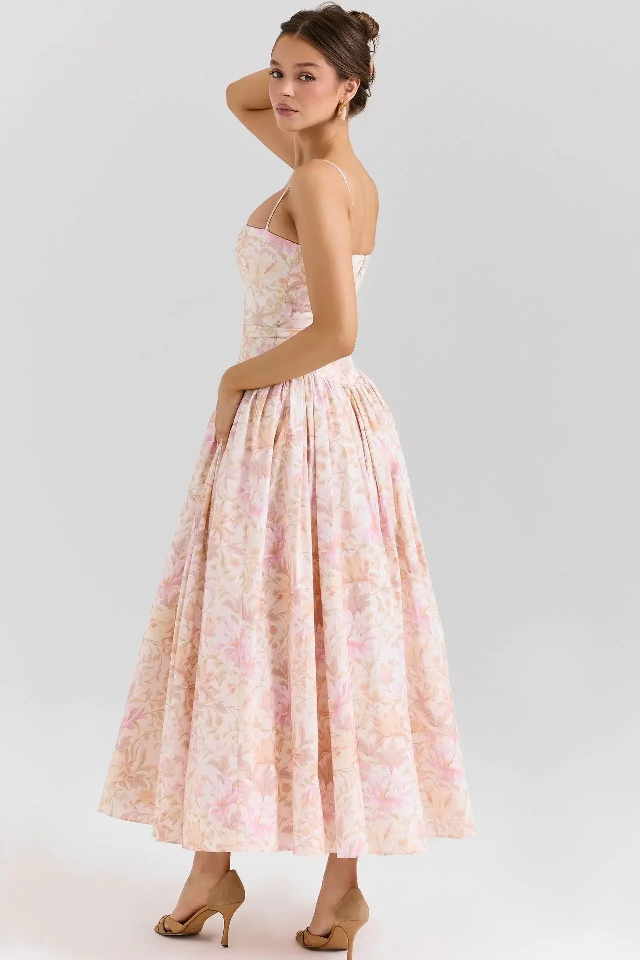 Elegant Fairylike French Style Gentle Floral Print Strapless Midi Dress Slimming Women's Fashion High End Feeling Dress