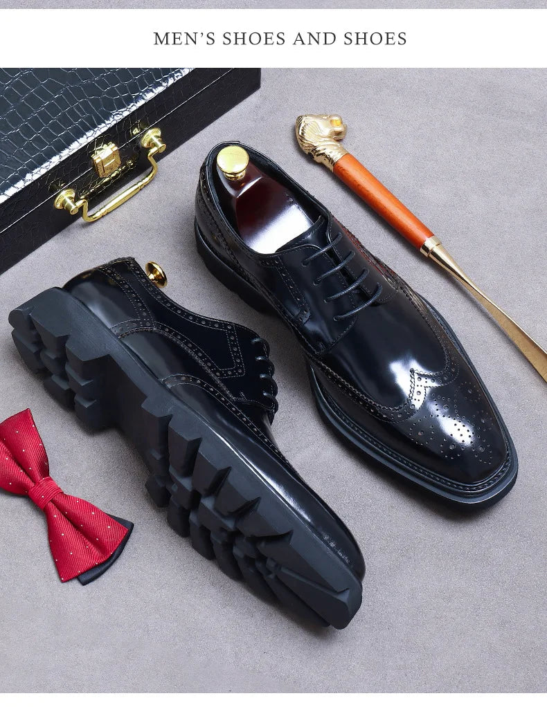 Size 38 To 46 Classic Italian Genuine Leather Men's Dress Shoes Black Lace-up Wingtip Oxfords Business Wedding Brogue Suit Shoes