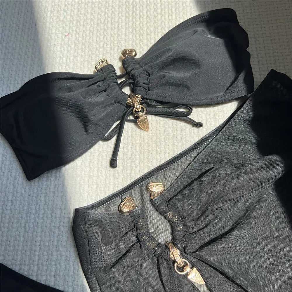 Metal Buckled Bandeau Black Bikinis Sets 3 Pieces Skirts Cover Ups Sexy Swimsuit Women 2026 Holiday Solid Swimwears Bikini Dames