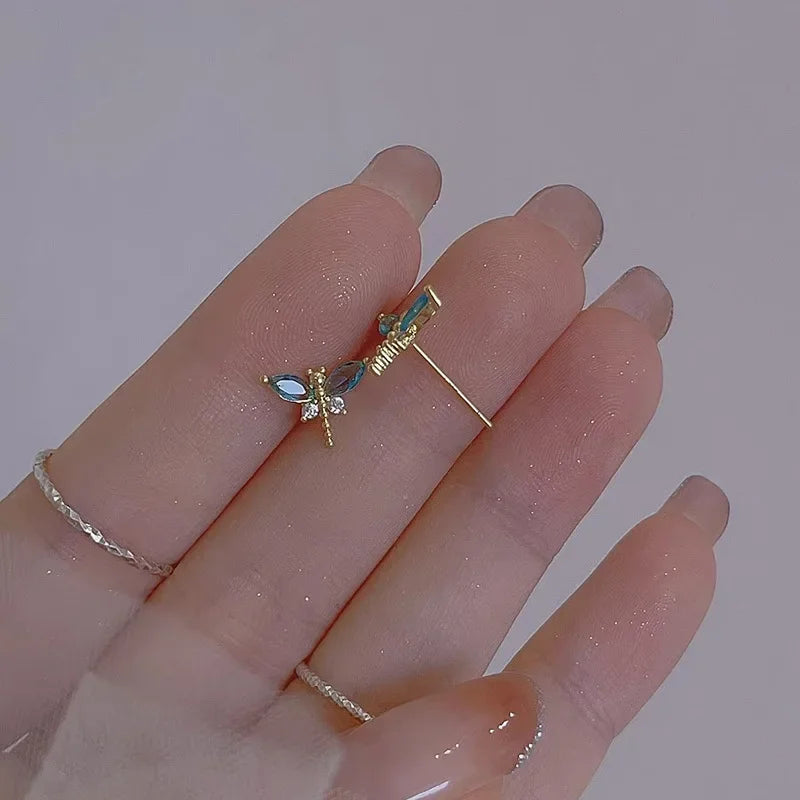 925 Sterling Silver Crystal Dragonfly Stud Earrings For Woman Christmas Gifts Piercing Jewelry Aretes De Mujer Party Gifts