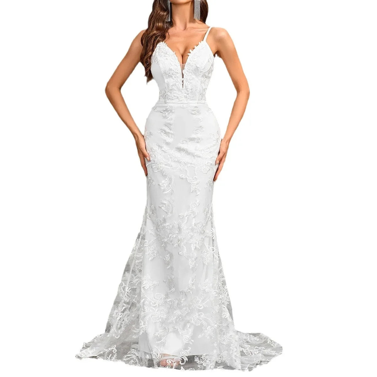 Sexy Cross-Border Slim Fit Bodycon Wedding Dress with Train for Bridal Showers And Parties V-Neck Ankle-Length Evening Gown