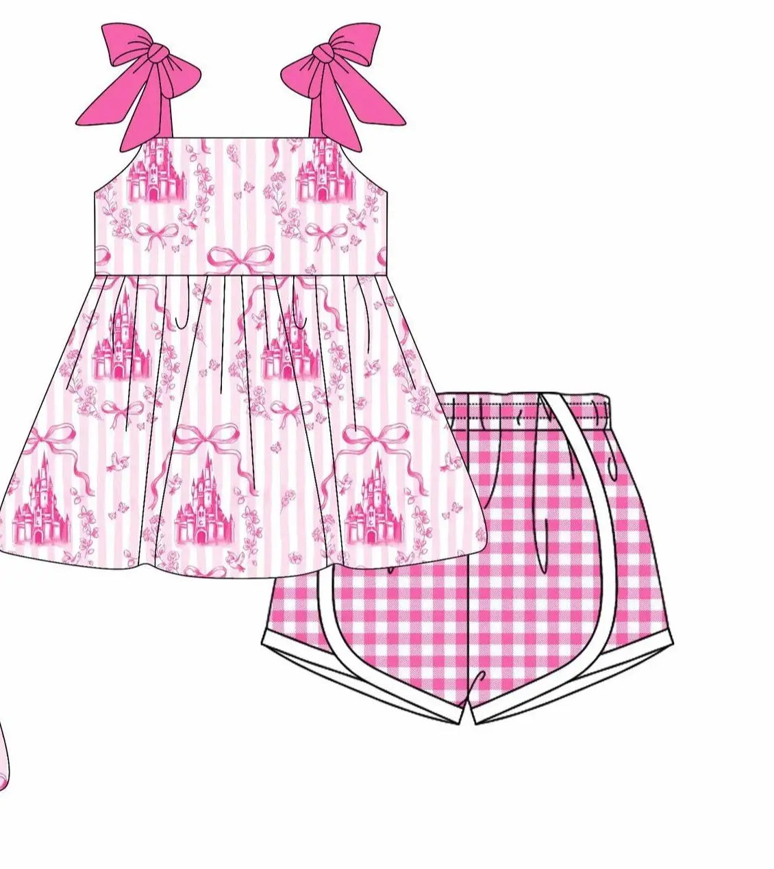 New boutique children's suit suspender bow castle bow vertical print shorts plaid girl suit baby jumpsuit dress 3-piece set