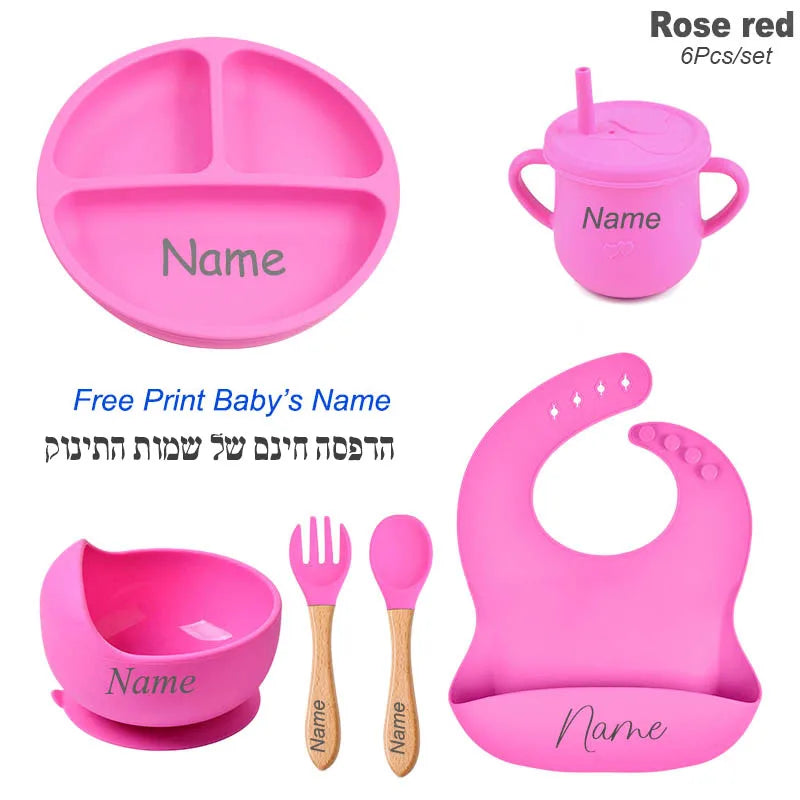 6PCS Silicone Feeding Set For Baby Personalized Name Logo Plate Bowl Customized Newborn Gift Silicone Straw Cup BPA Free