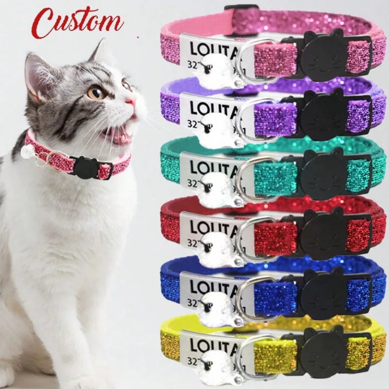 Customized Glitter Cat Collar with ID Tag Safe Breakaway Cats Collars Quick Release Cute Necklace Free Engrave For Cats Kitten